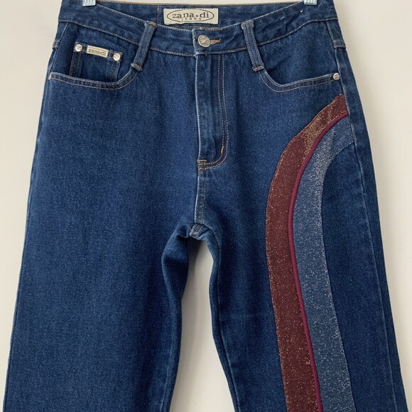 Zana.di Flare Leg Double Glitter Stripe Jeans Blue 7/8 - Picture 9 of 11